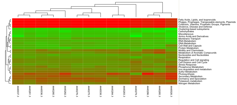 Heatmap/dendogram example in MG-RAST. The MG-RAST heatmap/dendrogram has two dendrograms, one indicating the similarity/dissimilarity among metagenomic samples (x axis dendrogram) and another indicating the similarity/dissimilarity among annotation categories (e.g., functional roles; the y-axis dendrogram).