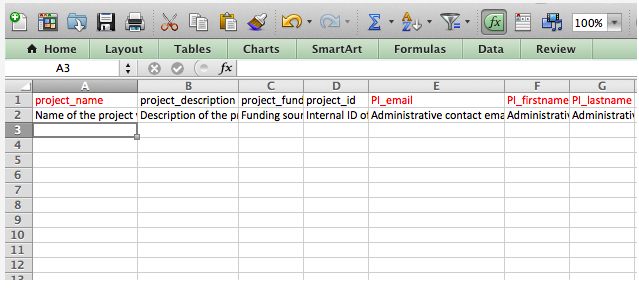 Project spreadsheet. In red are required fields. Note that the 2nd row contains information on how to fill out the form.