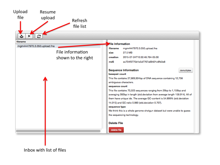 The main elements of the file browser explained. The left side pane shows a list of uploaded files. The top bar provides available actions. Users can select files to view information and whether the file passes formatting check.