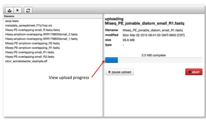 Once selected from the file browser you can start the upload and observe progress in the right side pane.