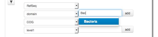 The parameter widget allows creation of a Filter for taxonomic units, in this case we use RefSeq annotation to filter at the domain level for Bacteria.